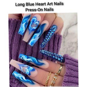 long blue heart art nails-press on nails